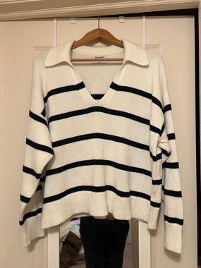 Old Navy Cream and Navy Striped V-Neck Collared Sweater